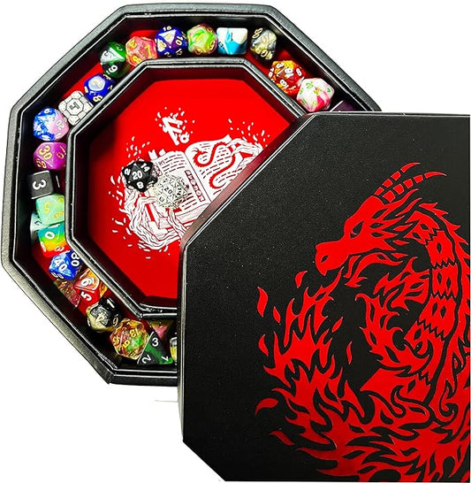 Red Fire Dragon Dice Tray with Wizard Book Print – 9" Octagon with Dice Staging Area, Holds 5 Dice Sets – Perfect for D&D, Call of Cthulhu, Shadowrun, and All Tabletop RPGs