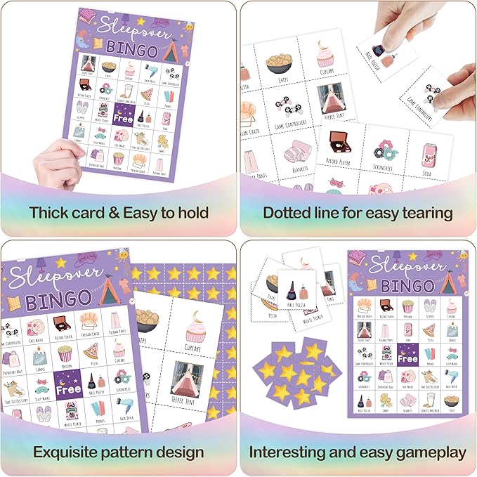 Sleepover Bingo Card, Slumber Bingo Set for Adults Large Group Family Friends, Pajama Party Game, Spa Party Supplies Decorations, Holiday Games for 24 Players -02