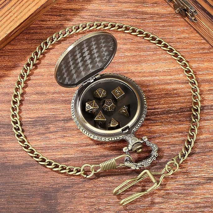 Mini DND Dice Set Steampunk Dragon Pocket Watch Shell Case, 7pcs Polyhedral Metal D&D Dice Set, DND Gifts with Gift Box for Men Women, Role Playing Board Games Accessories, Bronze