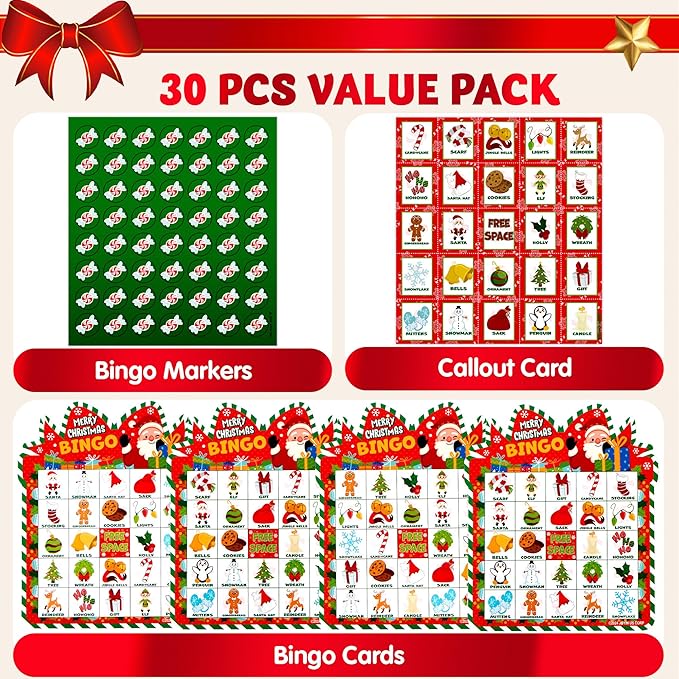JOYIN 30 Players Christmas Bingo Cards, Xmas Bingo Game for Kids Family Activities, Holiday Winter Bingo Cards for Party Card Games, School Classroom Indoor Party Games