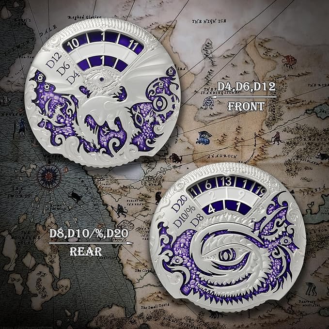 DNDND Dungeons and Dragons Roulette Spinner Dice 7-in-1 Spinner Metal D&D Dice Set with Gorgeous Gift Box for Dungeons and Dragon and Tabletop Game (Silver with Purple)