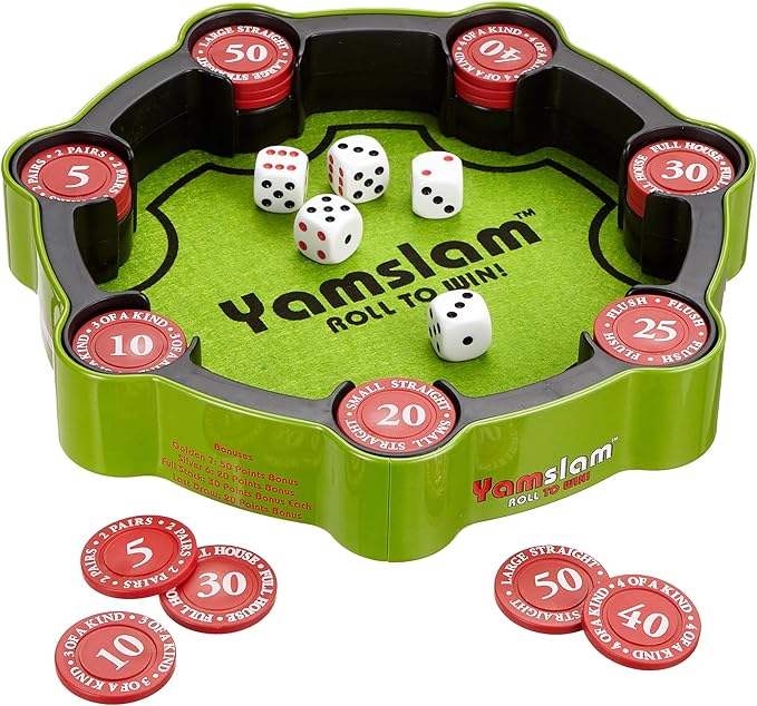 Tabletop Dice Game, Fast-Playing Strategy Party Game, for Kids Teens Adults Family Game Nights, Felt Lined Interior Poker Chips, 1 to 4 Players, Ages 8+, Yamslam by Blue Orange Games