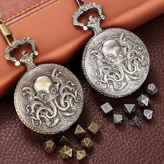 Mini DND Dice Set with Steampunk Double Eyed Octopus Pocket Watch Case, Tiny 7PCS Polyhedral Metal D&D Dice, DND Gifts with Gift Box, Role Playing Game Board Game Accessories Dice, Bronze