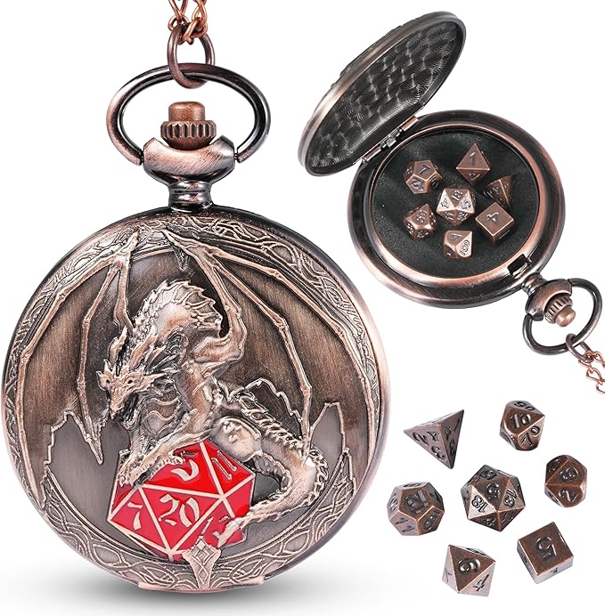 D&D Dice Set,7PCS Metal Dice for Dungeons and Dragons,Mini Dice Set with Pocket Watch Case,Role Playing Board Games Accessories (Dragon-R, Copper)