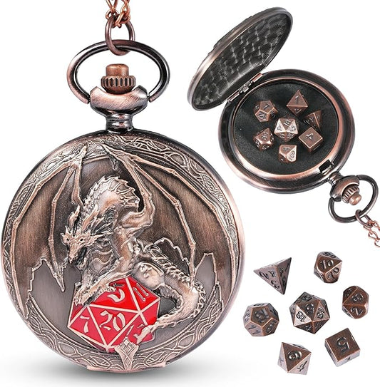 D&D Dice Set,7PCS Metal Dice for Dungeons and Dragons,Mini Dice Set with Pocket Watch Case,Role Playing Board Games Accessories (Dragon-R, Copper)