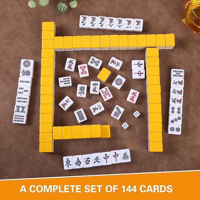 Japanese Riichi Mahjong Set, 144 White and Yellow Tiles - with Black Box, East Wind Tile, Set of Scoring Sticks, and Dices.