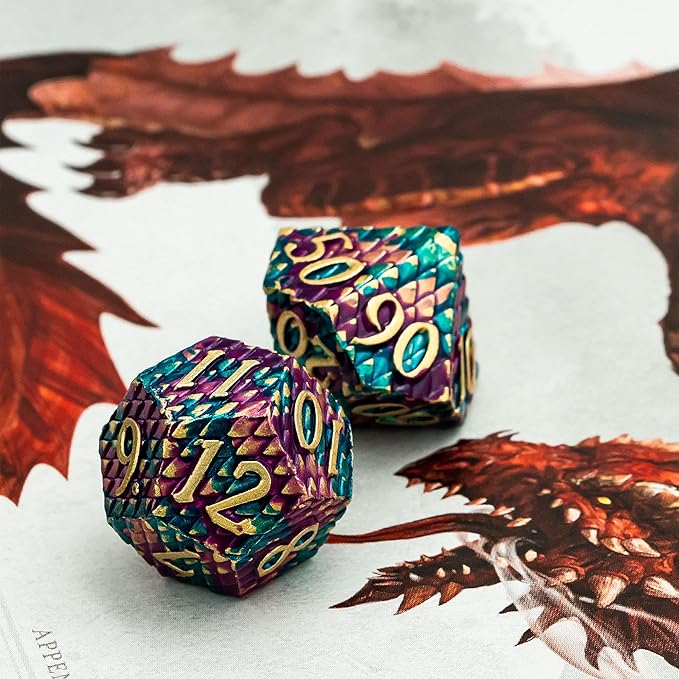 UDIXI DND Metal Dice Set Dragon Scale, D&D Dice Metal for Role Playing Games, Polyhedral Dice Set DND for Dungeons and Dragons (Blue Purple-Golden Number)
