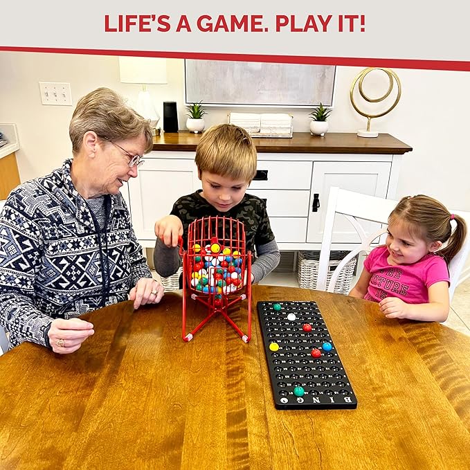 MR CHIPS 11" (Inch) Tall Professional Bingo Set with Steel Cage, Everlasting 7/8” Balls, Master Board for Balls - Lucky Red Color
