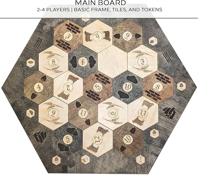 Custom Wood Settler Game Board - 2-4 Players | Main Board Ebony Frame | Compatible with Catan