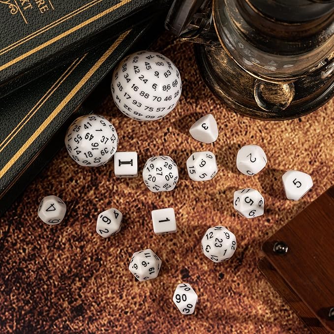 15 Pieces Complete Polyhedral DND Dice Set D3-D100 Spherical D&D Dice Set with Dragon Eye Dice Bag, D100 Dice for Dungeons and Dragons, RPG, MTG Table Games(White w/Black Numbers)