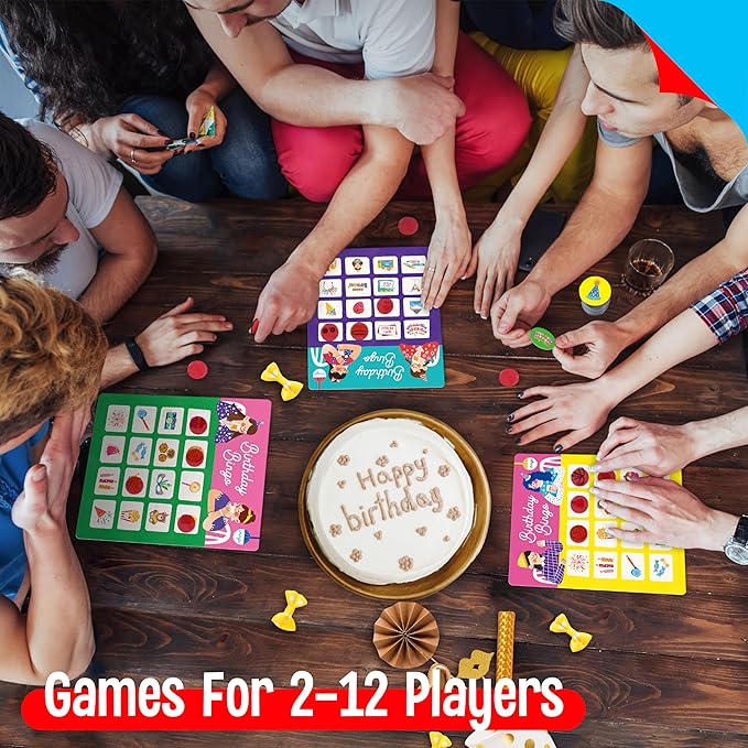 Birthday Bingo Game, 12PCS Bilingual English and Spanish Bingo Board Game, 12 Players Bingo Game Set for Teenager or Adults Birthday Party, Fun Interesting Birthday Activity Favor Decoration Supplies
