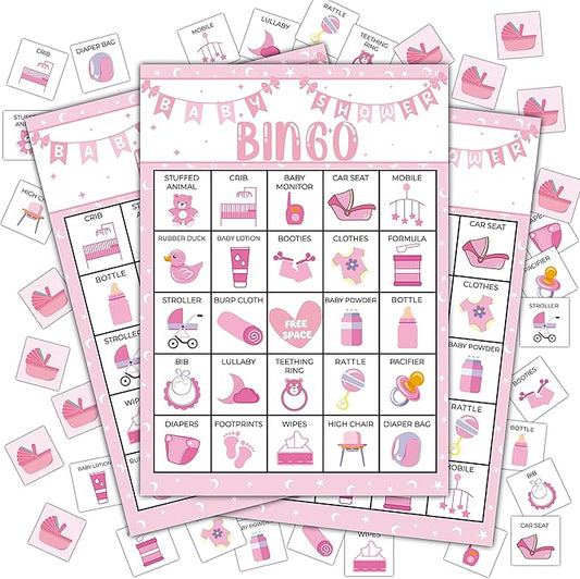 Pink Shower Party Bingo Cards, Shower Bingo Game, Shower Party Games for Adults, Gender Reveal Party Games Favors Supplies Decorations, 24 Players Bingo Game (A03)