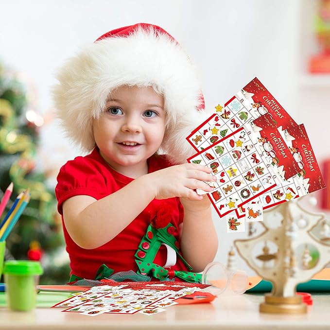 MISS FANTASY Christmas Bingo Game for Kids - 24 Players Bingo Cards Christmas Games Crafts Christmas Bingo Game for Large Group, Christmas Games for Family Classroom Activities Party Favors Supplies