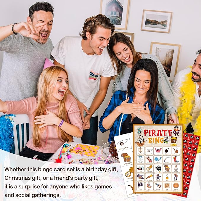 Pirate Party Bingo Card, Pirate Ship Adventures Bingo Game for Adults Family Friends, Pirate Party Favors Decorations, Pirate Games for Birthday Party, Holiday Games for 24 Players -06