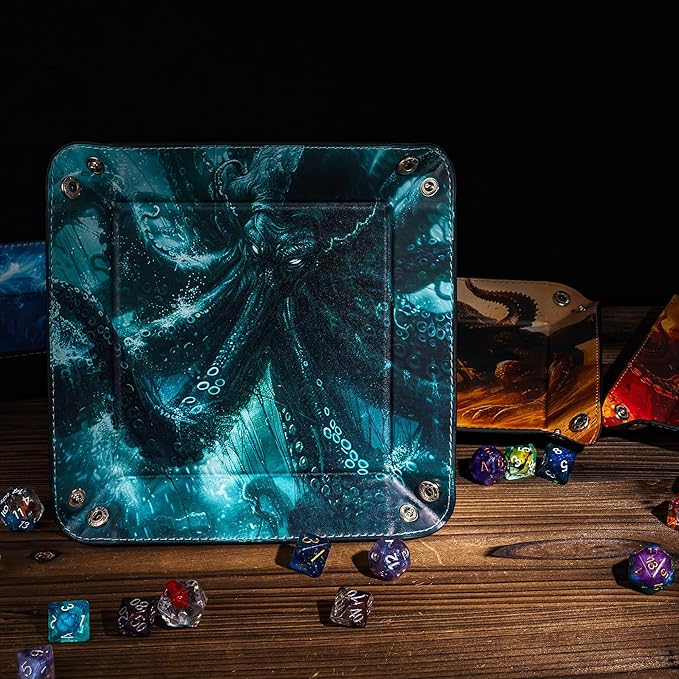 DND Dice Rolling Tray PU Leather Dice Trays Folding Square Dice Storage Case for RPG Tabletop Games, Jewelry Valet Tray for Women and Men