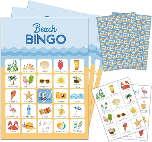 5"x7" Beach Bingo Game Cards (24 Kinds), Birthday Party Summer Game, Outdoor Indoor, Hiking, Trip Activities, Family Vacation Travel Bingo, Activity Games -008beach