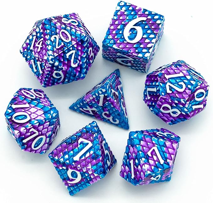UDIXI Metal Dice Set Dragon Scale Polyhedral D&D Dice with Leather Dice Pouch for Dungeons and Dragons Role Playing Games and Other Tabletop Game (Blue with Purple)