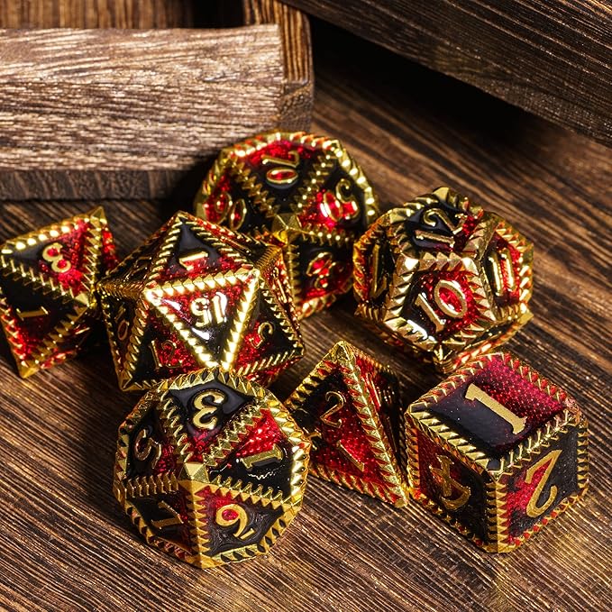 7-Die Metal DND Dice Set, Serrated Design Metal Dice Set 7 Pcs D&D Dice Set for Dungeons and Dragons Role Playing Game(RPG),Pathfinder,Table Game,Board Games(Gold Black Red)