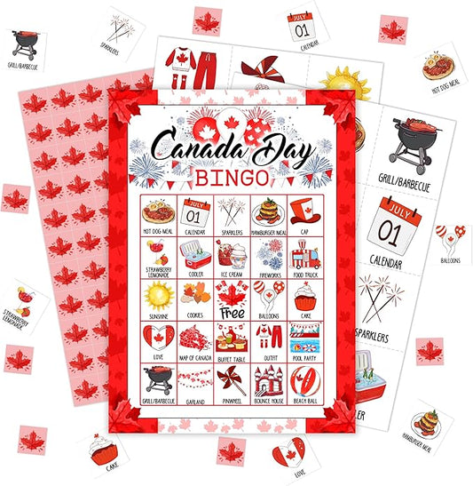Canada Day Bingo Games, Travel Trip Bingo Cards, 1st of July Canada Theme Party Game for Adults Family, Christmas Party Activities, 24 Bingo Sets, A002