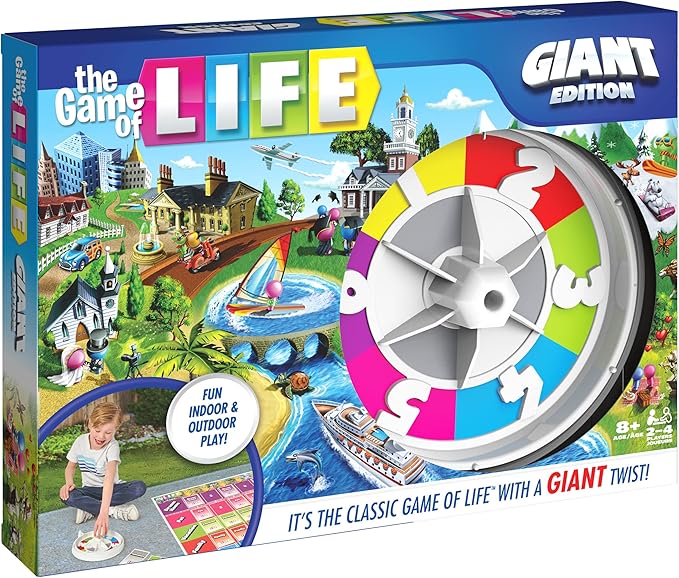 The Game of Life, Giant Edition Family Board Game Indoor/Outdoor Fun Game with Big Oversized Gameboard Cards Spinner, for Adults and Kids Ages 8 and up