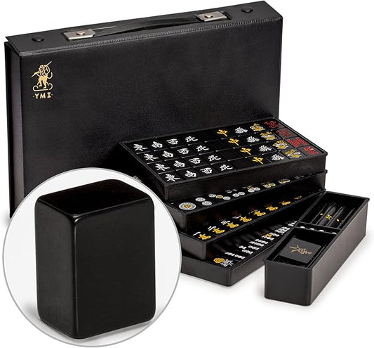 Yellow Mountain Imports Japanese Riichi Mahjong Set - Black Standard Size Tiles and Vinyl Case - with East Wind Tile, Set of Scoring Sticks, & Dice