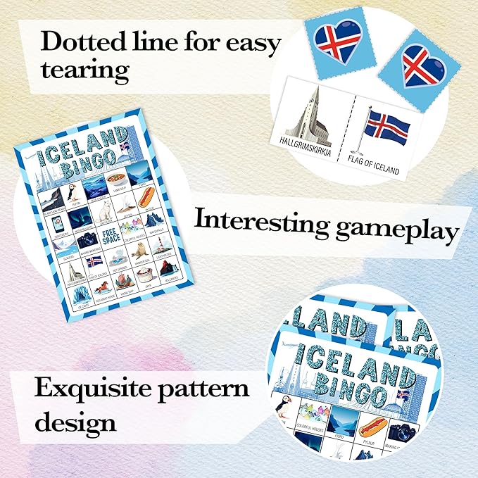 Iceland Bingo Games, Travel Trip Bingo Cards, Iceland Theme Party Game for Adults Family, Christmas Party Activities, 24 Bingo Sets, A001