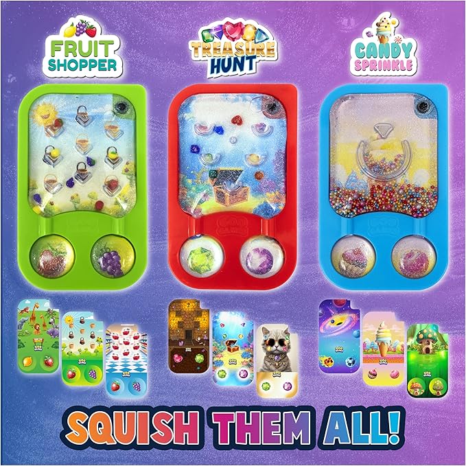GooGames, Hand-Held Water Games with Floating Treasures, Sensory Fidget Game Adventures, Non-Toxic, No-Mess, Mesmerizing Glitter Fun, 3 Game Cards Included, Refillable, Perfect Travel Toy! (Fruits)