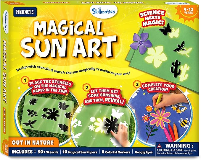 Skillmatics Sun Paper Art Kit - Mess-Free DIY STEM Craft Kit for Kids, Design with Stencils, Create with Sunlight, Color with Markers, Indoor, Outdoor Play, Gifts for Ages 4, 5, 6, 7, 8, 9, 10, 11, 12