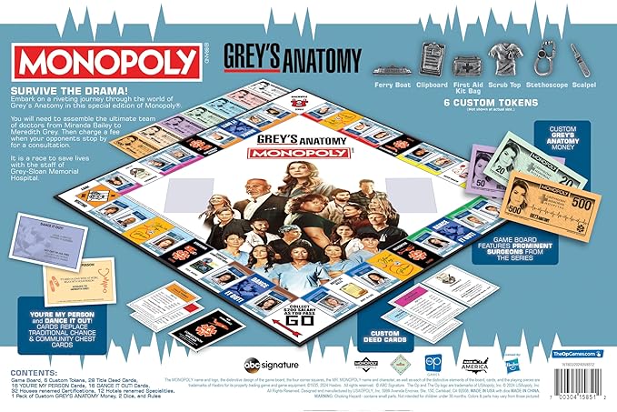 Monopoly: Grey's Anatomy Board Game | Featuring Ferry Boat, Clipboard, Scrub Top, and More | Buy, Sell, Trade Iconic Doctors from Miranda Bailey to Meredith Grey | Officially Licensed Collectible