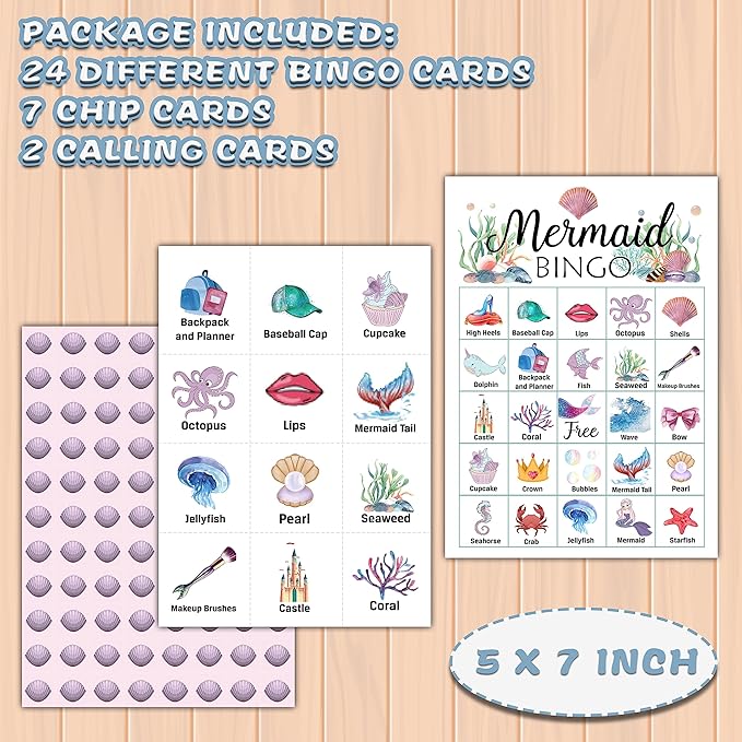 Ycyfckdr Mermaid Bingo Cards, Mermaid Party Games, Under The Sea Bingo Game for Adults, Outdoor, Indoor Games, School Party Game - 24 Players Bingo (B02)