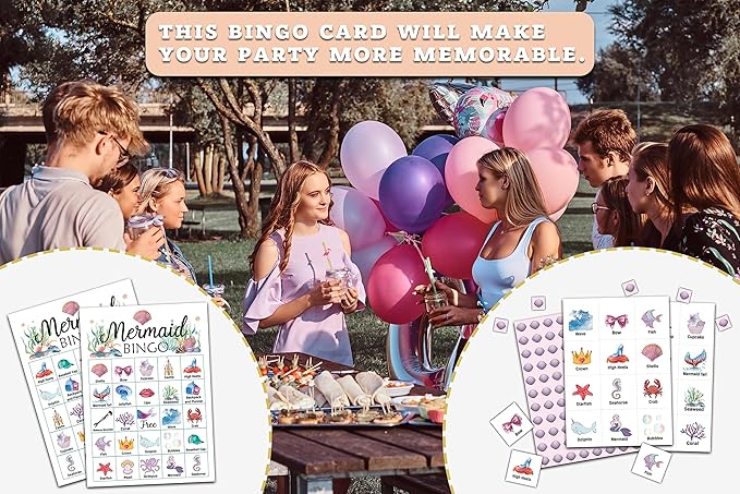 Ycyfckdr Mermaid Bingo Cards, Mermaid Party Games, Under The Sea Bingo Game for Adults, Outdoor, Indoor Games, School Party Game - 24 Players Bingo (B02)