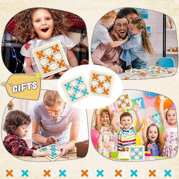 12 Pack Wooden Tic Tac Toe Games Wood Tic-Tac-Toe Bulk XO Table Chess Board Game for Boys Girls Family Activities Educational Toys Birthday Party Favors