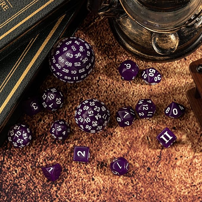 15 Pieces Complete Polyhedral DND Dice Set D3-D100 Spherical D&D Dice Set with Dragon Eye Dice Bag, D100 Dice for Dungeons and Dragons, RPG, MTG Table Games(Purple w/White Numbers)