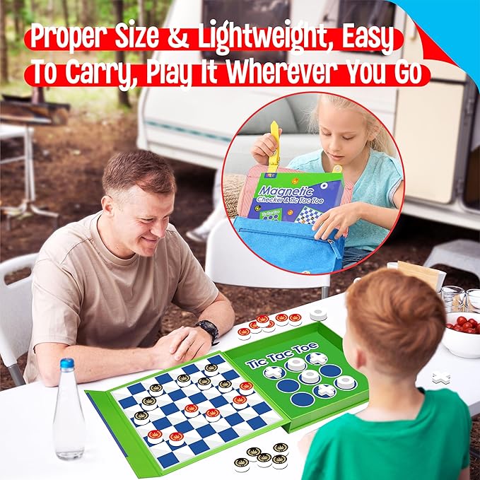 2 in 1 Checkers Set, Magnetic Game Board -Checkers & Tic-Tac-Toe, Thick Foam Checker Road Travel Game with 59 Reward Stickers for Young Kids Aged 3+