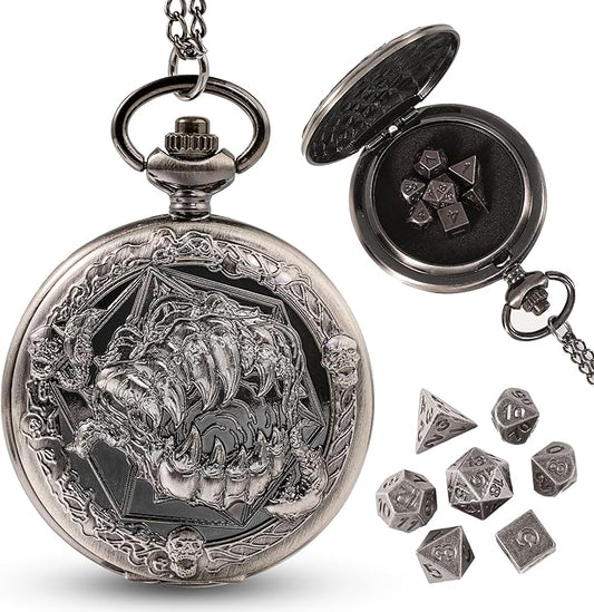 D&D Dice Set,7PCS Metal Dice for Dungeons and Dragons,Mini Dice Set with Pocket Watch Case,Role Playing Board Games Accessories (Monster, Ancient Silver)