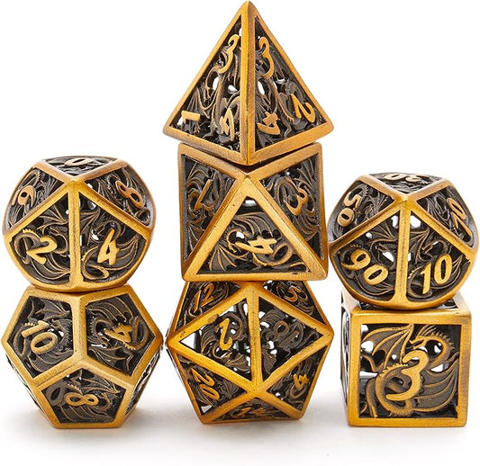 Hollow Metal DND Game Dice Dragon Design Ancient Gold 7Pcs Set for Dungeons and Dragons RPG MTG Table Games D&D Pathfinder Shadowrun and Math Teaching (with Metal Case)