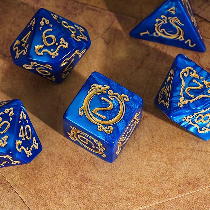 7-Die DND Dice Set Dragon Pattern Polyhedral Dice Set with Leather Bag D&D Dice Set for Dungeons and Dragons RPG MTG Table Games (Blue W/Gold Dragon Pattern)