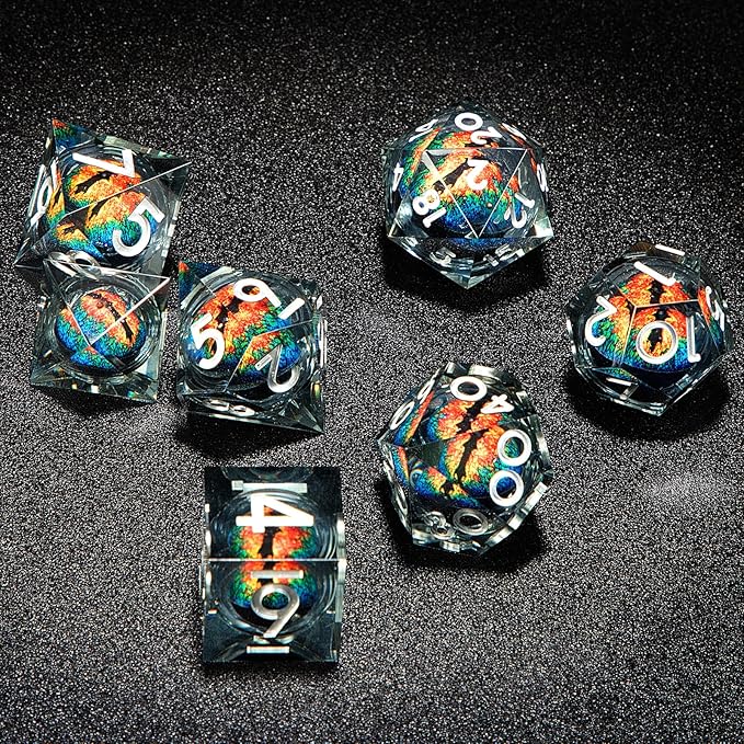 DND Resin Dice Set Dragon Eye Liquid Core 7 Pieces with Sharp Edges and Handmade Craft Gift Box Included for Dungeons and Dragons (Black- Orange)