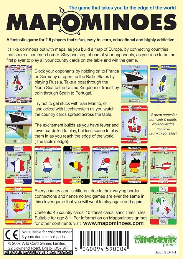 MAPOMINOES EUROPE – The Ultimate Geography Game – Fun and educational travel card game about connecting European countries for kids teens and adults. Like dominoes with maps.