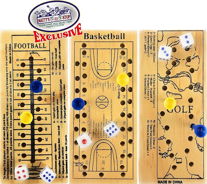 Matty's Toy Stop Deluxe Classic Peg Games Wood Puzzles (Baseball, Basketball, Bowling, Conqueror, Football, Golf, Mill & Tic Tac Toe) Gift Set Bundle with Bonus Storage Bag - 8 Pack