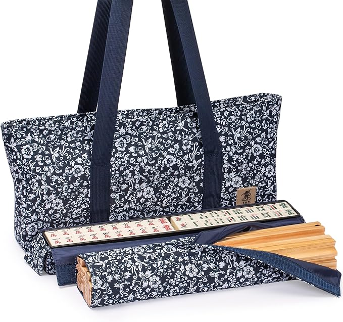 Yellow Mountain Imports American Mahjong Game Set, Blue Calico with Floral Blue Soft Case - All-in-One Racks with Pushers, Wright Patterson Scoring Coins, Dice, and Wind Indicator
