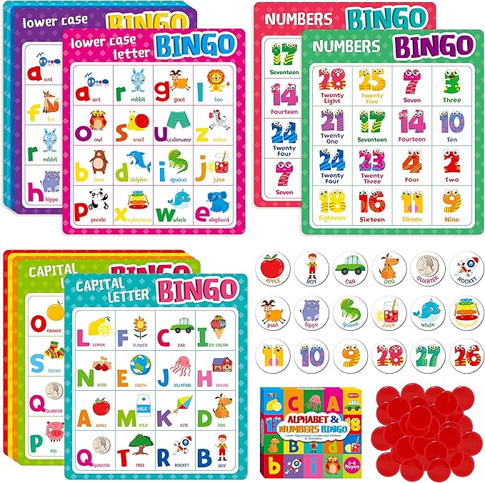 SpriteGru Alphabet Bingo Game, Uppercase/Lowercase/Number Bingo Game ABC and 123 Bingo Board Game for Kindergarten and Preschool Kids 4-8, Perfect for Classroom & at Home