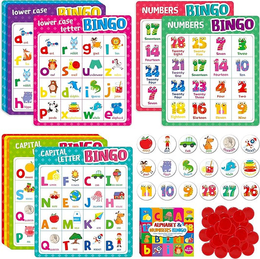 SpriteGru Alphabet Bingo Game, Uppercase/Lowercase/Number Bingo Game ABC and 123 Bingo Board Game for Kindergarten and Preschool Kids 4-8, Perfect for Classroom & at Home