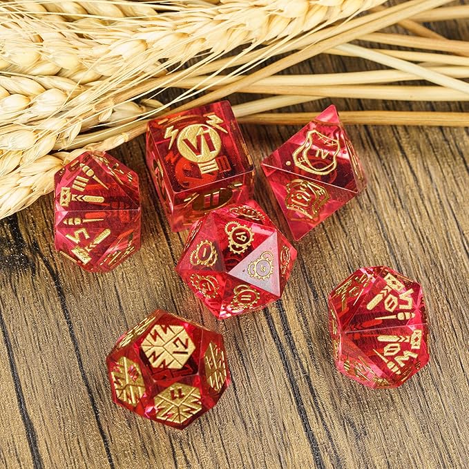 Cusdie Sharp Edges DND Dice, 7 PCs D&D Dice, Handcrafted Polyhedral Dice Set, for Role Playing Game Pathfinder (Red/Roman Numerals)