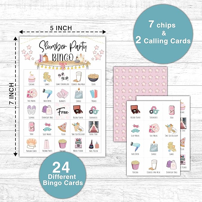 Slumber Party Bingo Games - Girls Sleepover Party Bingo Card - 24 Players Bingo Game Set for Adult Family Friends - Pajama Party Activities - Bridal Shower Party Favors Supplies -C04