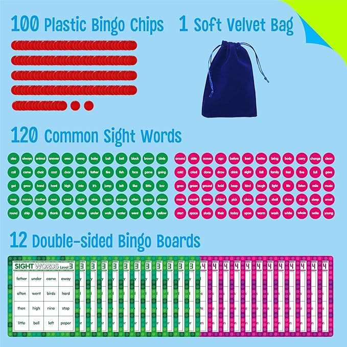 Sight Word Bingo Game, 120 Sight Words Learn to Read Level 3 & Level 4 Bingo Board Game Dolch's & Fry's Words Lists for Kindergarten and Preschool Kids 5+, Perfect for Classroom & at Home