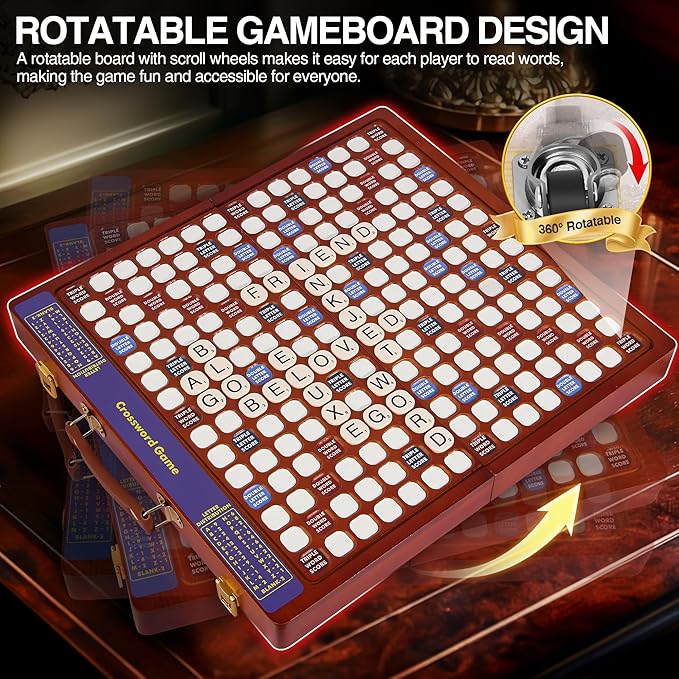 Crossword Game with Rotating Wooden Board, Foldable Board into Portable Carry Case, Luxury Edition Word Building Game with 100 Letter Tiles, Educational Family Board Game for 2-4 Players