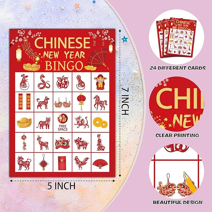 Chinese New Year Bingo Cards, Chinese New Year Game for 24 Players, Spring Festival Games for Family Friends New Year Activities, Holiday Party Favors Supplies Decorations(10)
