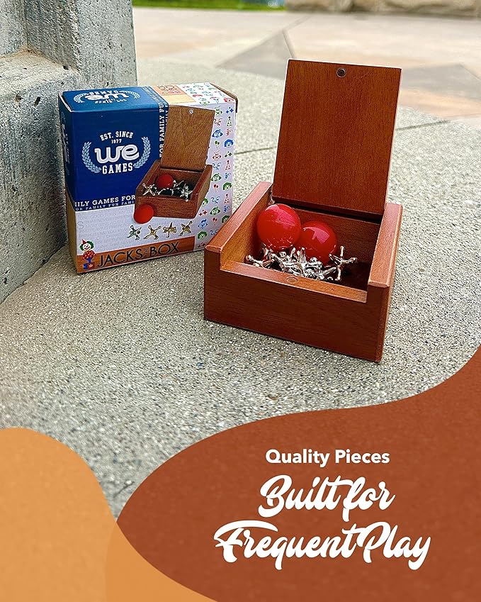 WE Games Metal Jacks Set – Classic Jacks Game with 2 Red Balls in Keepsake Wooden Box – Nostalgic Floor Game