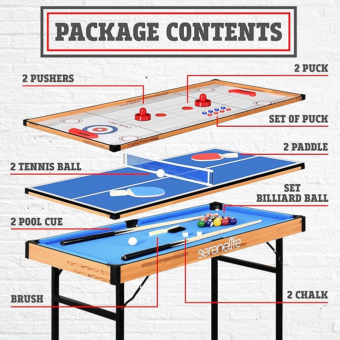 SereneLife 4 in 1 Multi Game Table, 4’x2’ Folding Portable Sports Arcade Games with Accessories, Ping Pong, Air Hockey, Pool Billiards, and Shuffleboard, for Indoor, Outdoor, All Ages